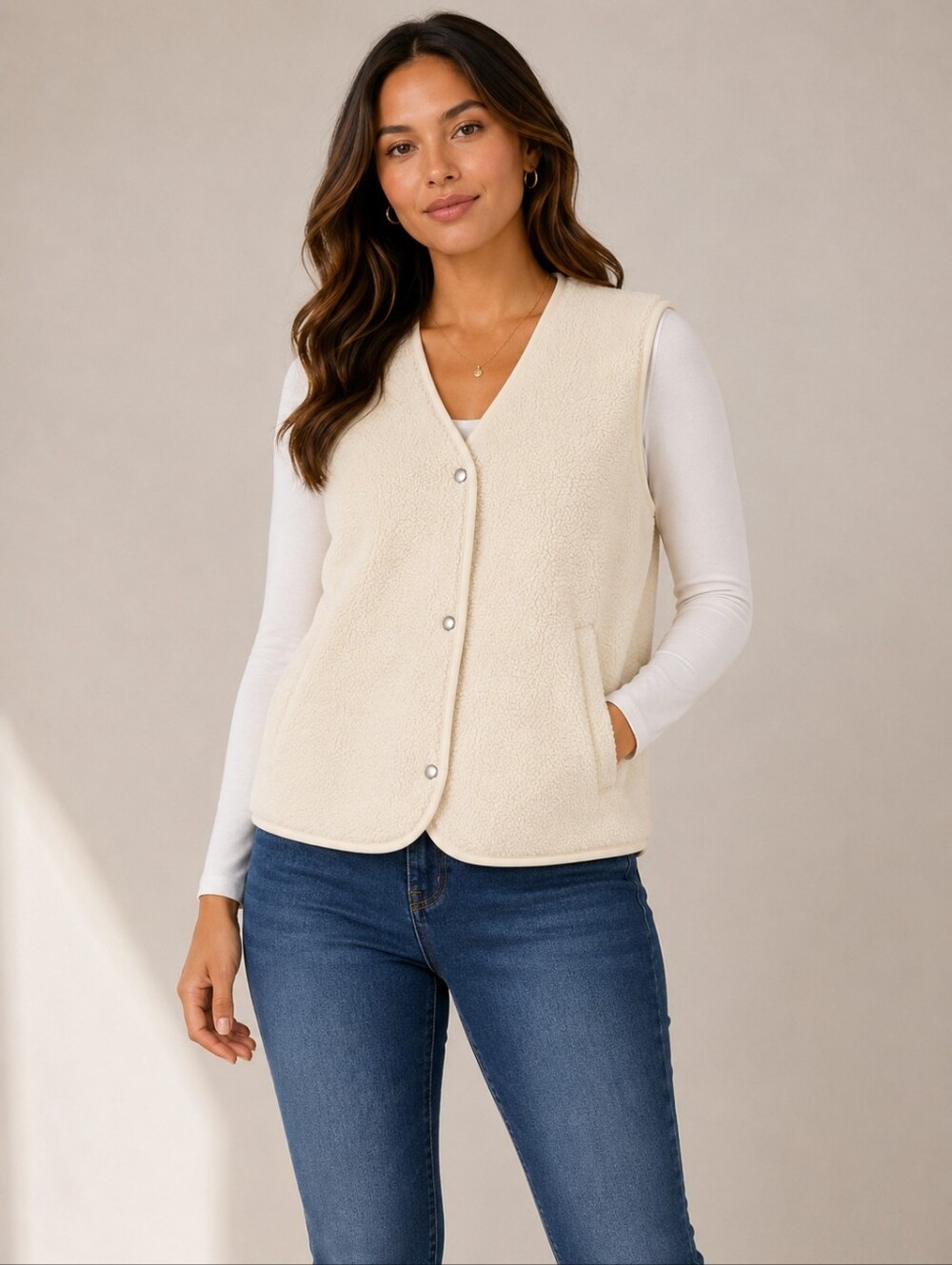 H&M Cream Teddy Fleece Snap Front Vest Soft Sherpa Sleeveless Jacket Size S